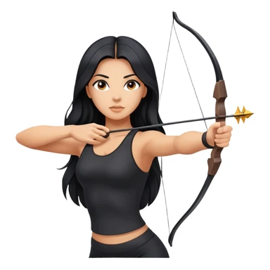 woman tanned long black hair, shooting bow and arrow , black yoga clothes sticker