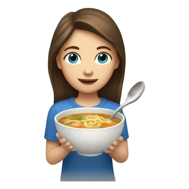 Girl with brown hair and blue eyes eating chicken noodle soup sticker
