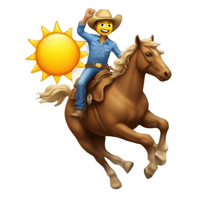 Man riding on top of the sun in a rodeo position, the sun has a smiling face sticker