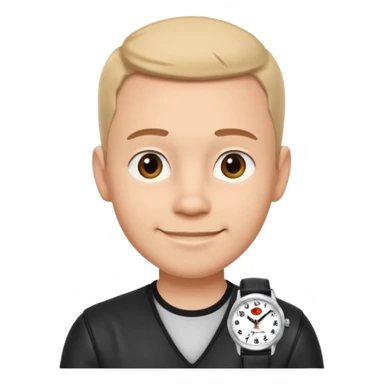 man wearing a black strap watch portrait, head and shoulders only, round face, soft jawline, friendly smile, black leather strap watch visible, 3D cartoon, mobile game icon style, clean background, no text, no watermark sticker