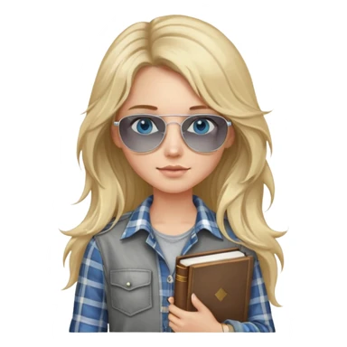 girl with long blond messy hair wearing grey plaid shirt with blue eyes and aviator sunglasses wearing a ring on her silver necklace, holding law books sticker