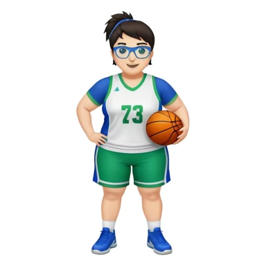 Full Body plus size white female basketball player with short dark hair with highlights spike hair wearing blue glasses  wearing blue green uniform smiling sticker
