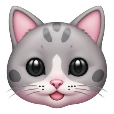 Cute emoji of a small gray cat with black spots, big shiny kawaii eyes, tiny pink nose, and a sweet smiling expression. Minimalist design, clean vector style, high resolution, soft pastel colors, with a transparent background. sticker