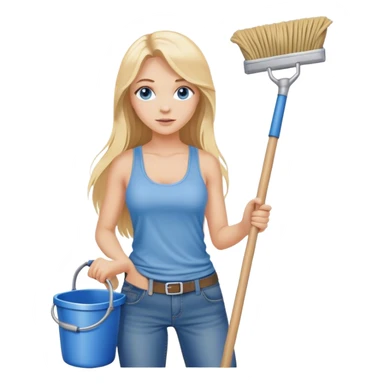 Cinematic realistic blonde with long hair and blue eyes, dressed in jeans and a tank top, holding a mop in her hands sticker