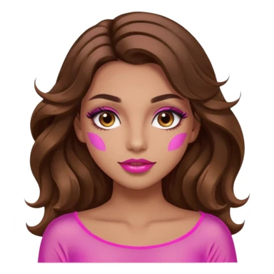 girl with long wavy brown hair, brown eyes, long lashes makeup, sexy pink lips, light to medium complexion, wearing a pink sexy silk top, with the sun icon  sticker