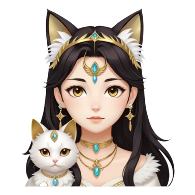Beautiful gorgeous anime cat-lady with beautiful dark-brown-special-hair, fashion aesthetic, ethereal, feather, accessories, gold jewelries, Sumerian, Genshin Impact, Tufted cat ears, sticker