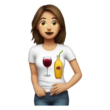 girl in brown hair, white t-shirt with sangria and with hangover on her arm sticker