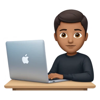 memoji of a man with a laptop in front, apple-style, modern, dark hair, black sweater, Indian brown skin, sitting at his desk, light blue gradient background sticker
