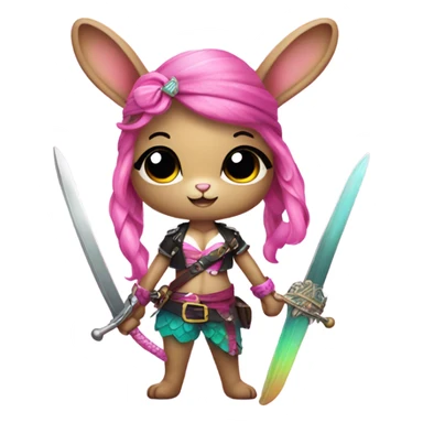 Rainbow mermaid bunny wearing pink pirate clothes and sword sticker