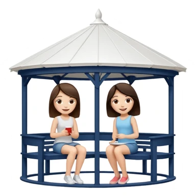 Two small brunette women sitting under a large white gazebo sticker