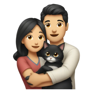 Asian Woman with black wavy hair hugging asian man holding a cat sticker