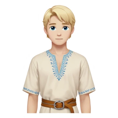 Medieval summer outfit worn by a DnD themed fantasy male character. Light cotton tunic in natural cream color with short sleeves, embroidered with simple floral patterns at the hem, paired with a thin leather belt. Clothes only above the waist, full waist coverage. The character has no arms. Character is white-skinned with golden blonde hair styled in a classic page-cut that falls just above the ears, slightly longer in the back, bright blue eyes, and youthful features. sticker