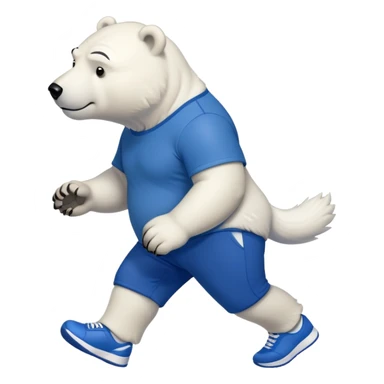muscular friendly anthropomorphised polar bear walking confidently, wearing a royal blue t-shirt, black pants, and white trainers sticker
