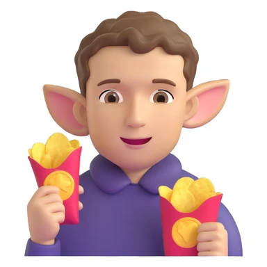 Man with short wavy hair, large ears, holding potato chips sticker