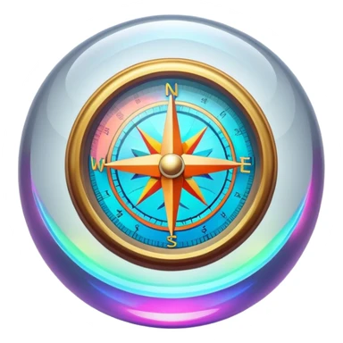 A glowing holographic compass with vibrant neon colors, inside a crystal-clear floating sphere sticker