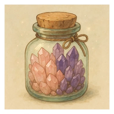 amethyst and rose quartz crystal pieces in a jar, natural colors, soft, fairy-like atmosphere, no background, square size sticker