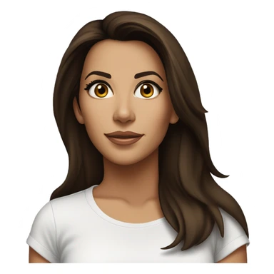 3/4 face, contrasted, shadow, light, Eva Longoria expression, standing, thin nose, brunette woman, hazel eyes, long eyelashes, dark shoulder shaded hair, white t-shirt, jeans, white sneakers sticker