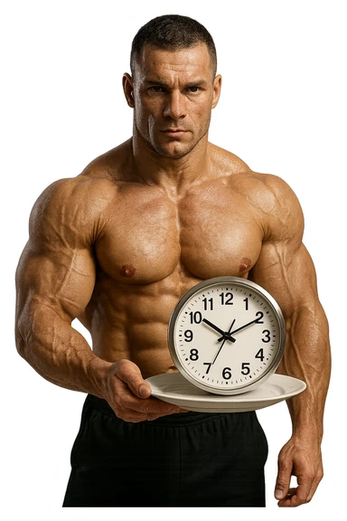 bodybuilder che ha un piatto in mano con un orologio che simboleggia il digiuno intermittente, iperrealistico 4k sticker