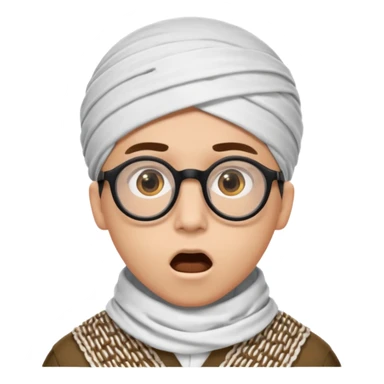 A person with light skin tone, wearing a traditional white shemagh with a BALCK AGAL, large brown eyes, round glasses, and an open mouth showing a surprised or shocked expression. sticker