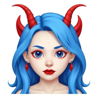 Female devil with long blue hair and horns,  cute face, half body sticker
