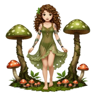 full body view of a woman with long curly brown hair, brown eyes, white skin, tattoos, wearing a sheer moss and leaf dress, standing barefoot on glowing mushrooms, confident pose, slight smirk sticker