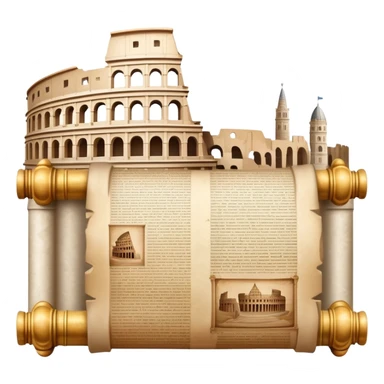 An icon featuring an ancient scroll, surrounded by famous historical landmarks and statues of notable figures, like the Colosseum or Napoleon. The design symbolizes the exploration of history through monuments and people. Transparent background highlights the pas sticker