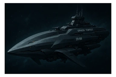 capital class space cruiser supercarrier of Zrian [human] origins, named the "Ophion Tempest"
The ship has a blocky military, yet sleek and angular design, mimicking a prehistoric sea-mammal or Cetacea  sticker