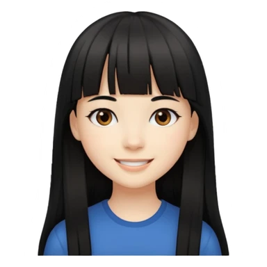 Girl with fair skintone, long straight black hair with bangs, and dark brown eyes, smiling, sticker