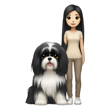 long black hair korean girl with beige and black shih tzu yorkie  sticker