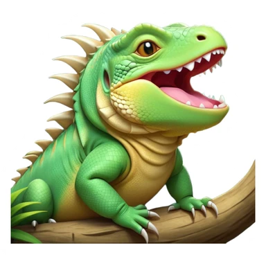 Cinematic Cute Yawning Iguana Portrait Emoji, Head tilted slightly with a dramatic, wide-open yawn, showcasing a sturdy, scaled body with a softly drooping spiky crest and sleepy, half-closed eyes, Simplified yet irresistibly adorable features, highly detailed, glowing with a soft, cozy jungle glow, high shine, relaxed yet expressive, stylized with a dash of whimsical charm, soft glowing outline, capturing the essence of a drowsy yet affectionate iguana that appears ready to stretch out for a nap! sticker