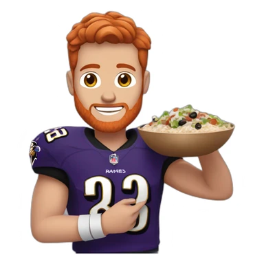 a red haired young man in a ravens jersey eating a chipotle burrito bowl sticker