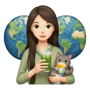 a brunette woman with long hair in here 30S drinking an iced matcha, carrying a grey cat and a map of the world sticker