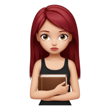 a pretty bratz fair girl with dark red straight hair, black cami top, looking sad holding books. looking sad sticker