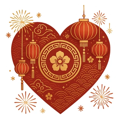 heart with Lunar New Year theme, red and gold colors, lanterns, fireworks, traditional Chinese patterns sticker