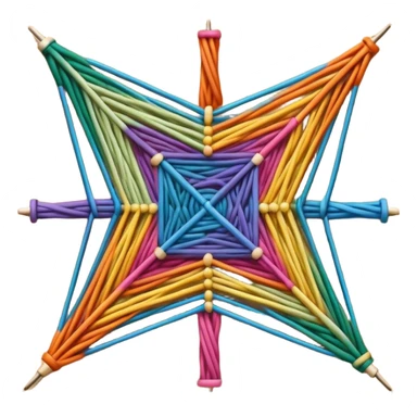 String art icon, colorful threads forming geometric patterns, pins on a board, intricate design, minimalistic style, clean lines, transparent background. sticker