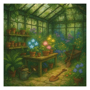 Overgrown greenhouse with forgotten tools and blooming magic herbs. sticker