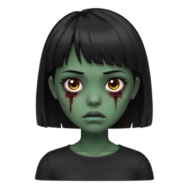 Zombie girl emoji verde escuro com cabelo curto liso preto no ombro e franja na altura da sobrancelha cobrindo completamente a testa, usando uma blusa preta, com olhos castanhos escuros sticker