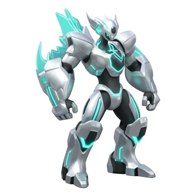 Futuristic shiny silvery neon glowing alloy Helioptile-Kyurem-Miraidon-l-Pokémon, full body sticker