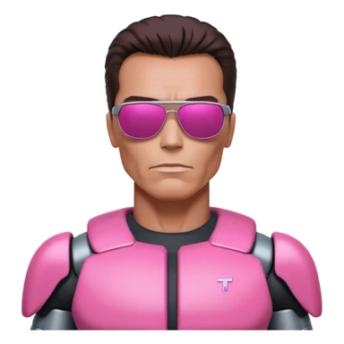Schwarzenegger-like Terminator, upper body only, wearing his iconic clothes in pink (all clothes must be pink), looking more human with minimal robotic details, and wearing dark sunglasses, hair must be dark sticker