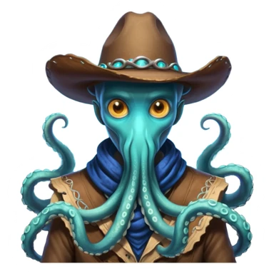Close-up portrait of a tentacled alien cowboy, subtle glowing bioluminescent skin, tentacles partially hidden under a cowboy scarf, mysterious expression, dramatic shadow lighting, high detail, sci-fi western fusion
 sticker
