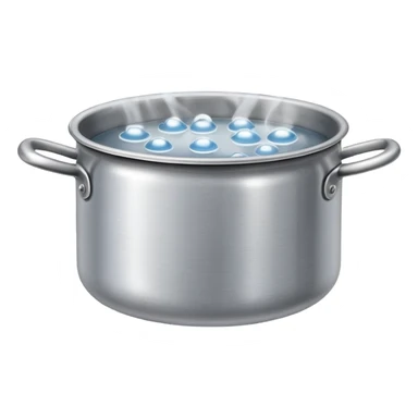 small metal pot filled with boiling water on a stove, visible hot steam and rising bubbles, realistic heat effect, shiny pot surface, bright lighting, clean white background sticker