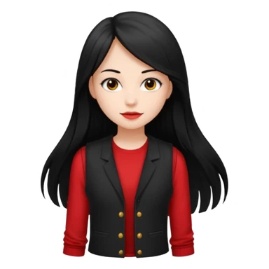 Girl with long light black straight hair and black vest and She's holding a red long-sleeved shirt from her own brand sticker