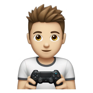 Caucasian boy with spiked Brown hair holding a playstation 4 controller sticker