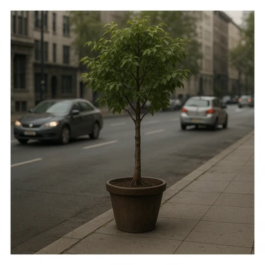 a potted tree on a city sidewalk, separated from the road by a curb, with cars passing by, evoking a sense of loneliness, urban setting, realistic style sticker