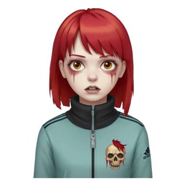 Crie um emoji de uma menina com o cabelo vermelho com uma franja reta zumbi casaco de gola alta da adidas sticker
