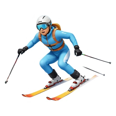 An icon featuring a skier racing down a snow-covered slope, surrounded by snowy peaks, pine trees, and a picturesque mountain landscape. The sky is blue with soft clouds, capturing the thrill and beauty of alpine skiing. Transparent background highlights the excitement and serenity of winter sports. sticker