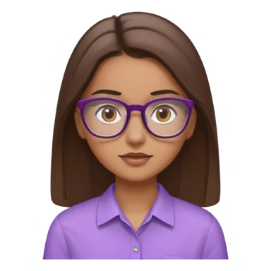 Imagine a pretty girl with slightly light brown skin with big brown eyes and glasses. She has straight long brown hair in a slick back and is wearing a light purple shirt sticker