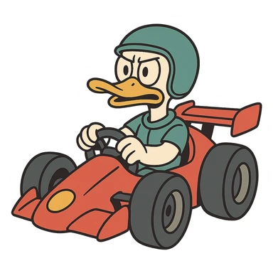 cartoon duck driving a race car in flat toon style sticker