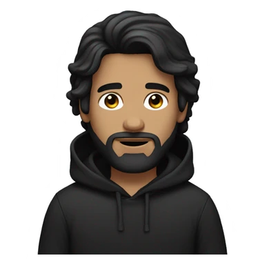 Bearded white guy with medium-length black hair wearing a black hoodie sticker