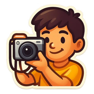 Turn this photo of a person holding a camera into a simplified, expressive emoji with a friendly, cartoon-like style focusing on the camera. Use a transparent background. sticker
